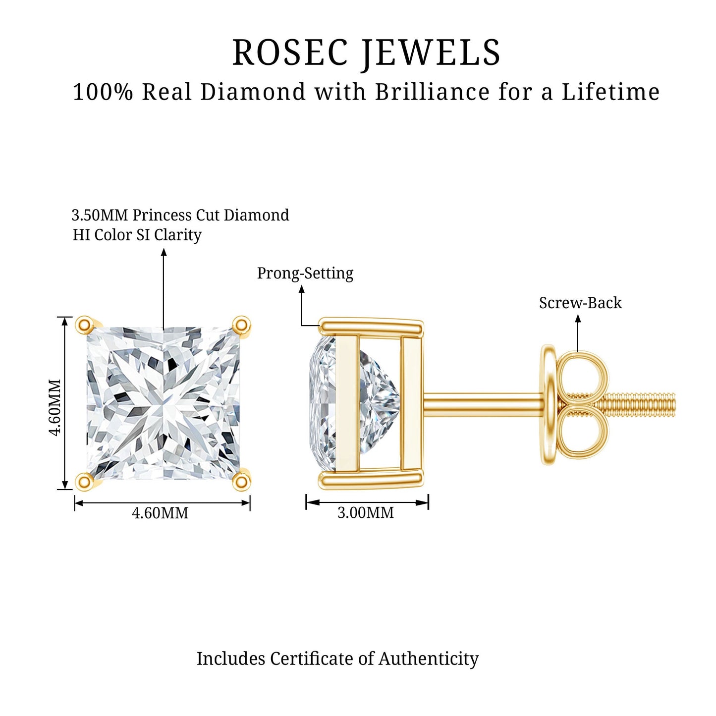 Natural Princess Cut Diamond Stud Earrings with Certificate