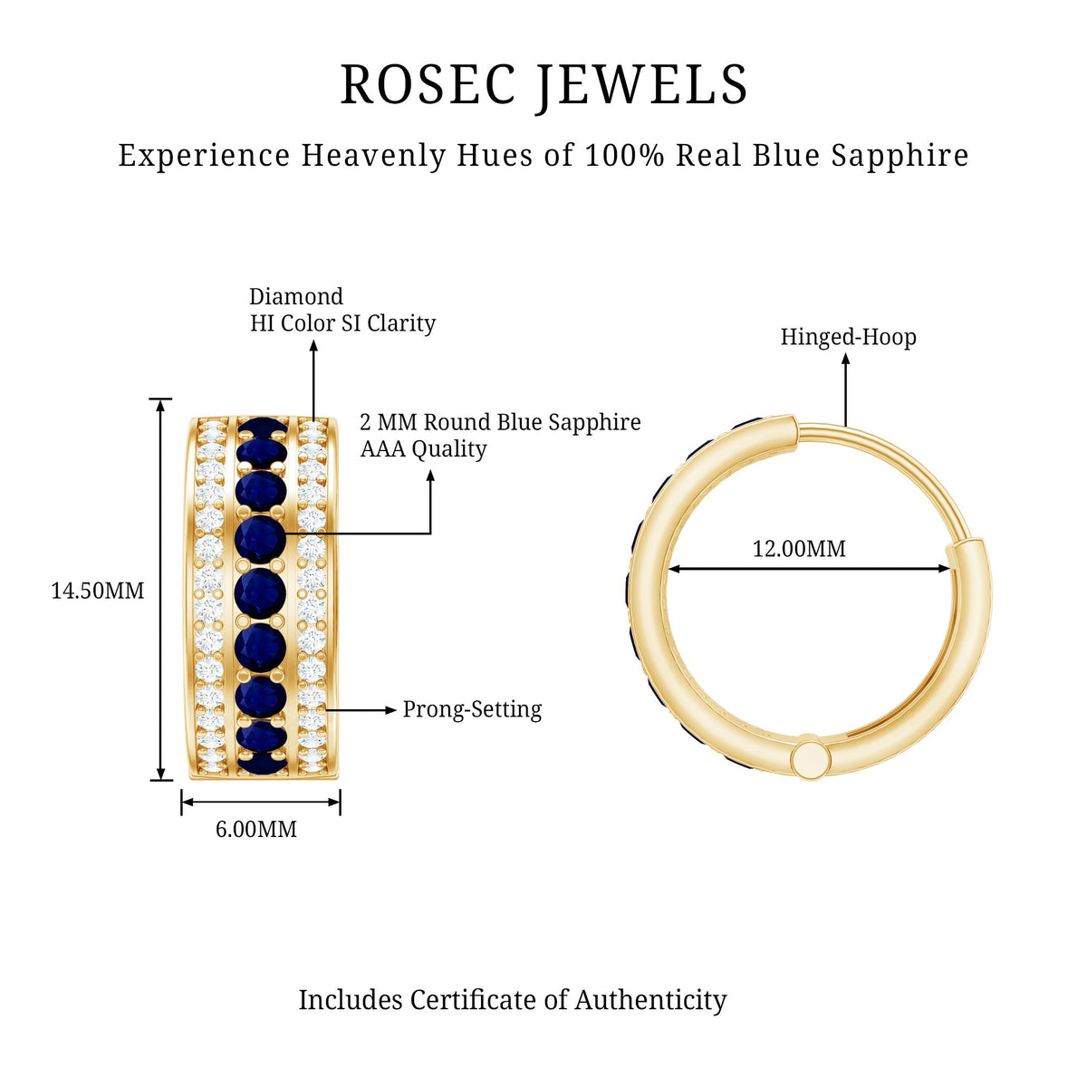 Aretes de aro grandes de zafiro azul y diamantes