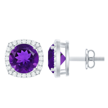 Pendientes de amatista natural con halo de diamantes