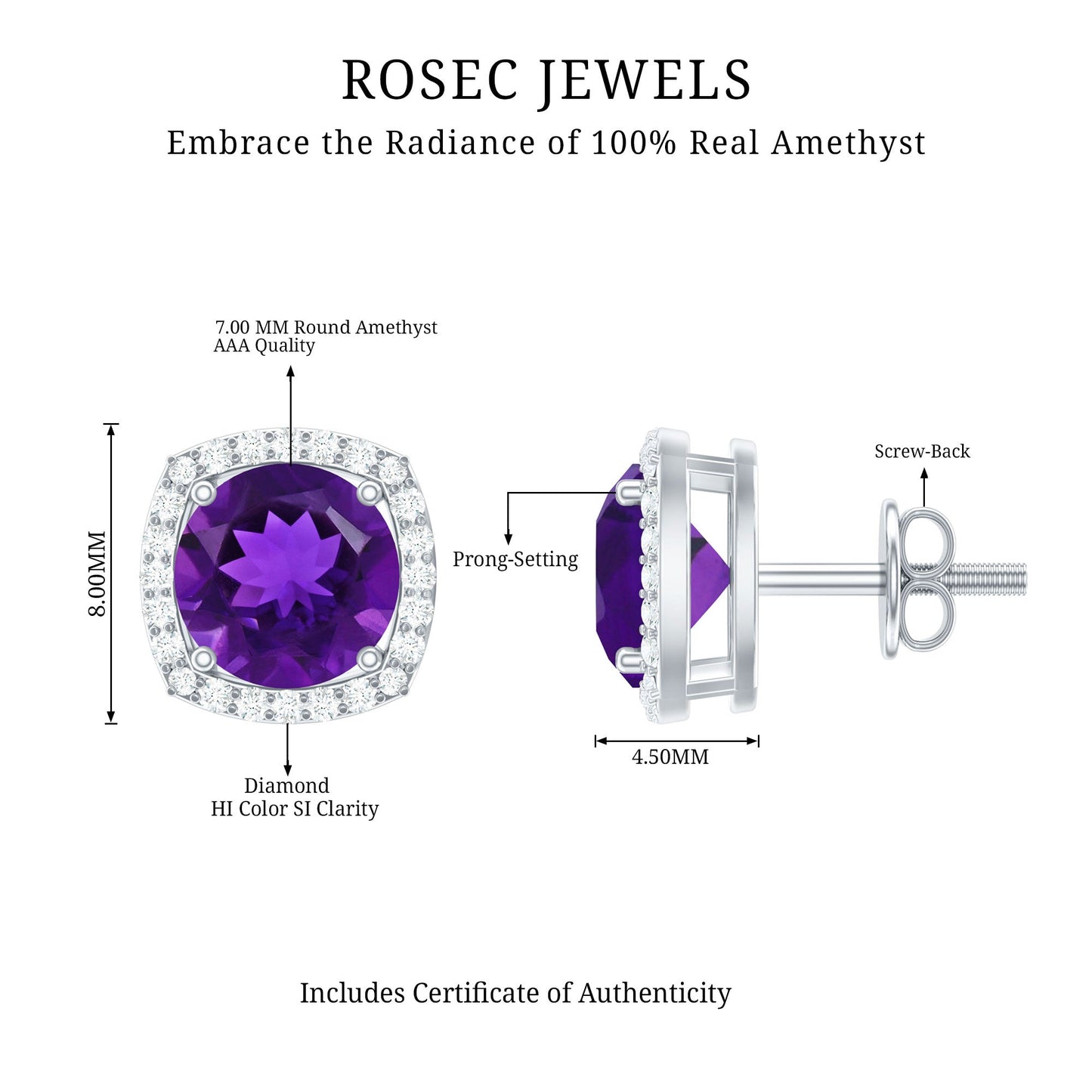 Pendientes de amatista natural con halo de diamantes