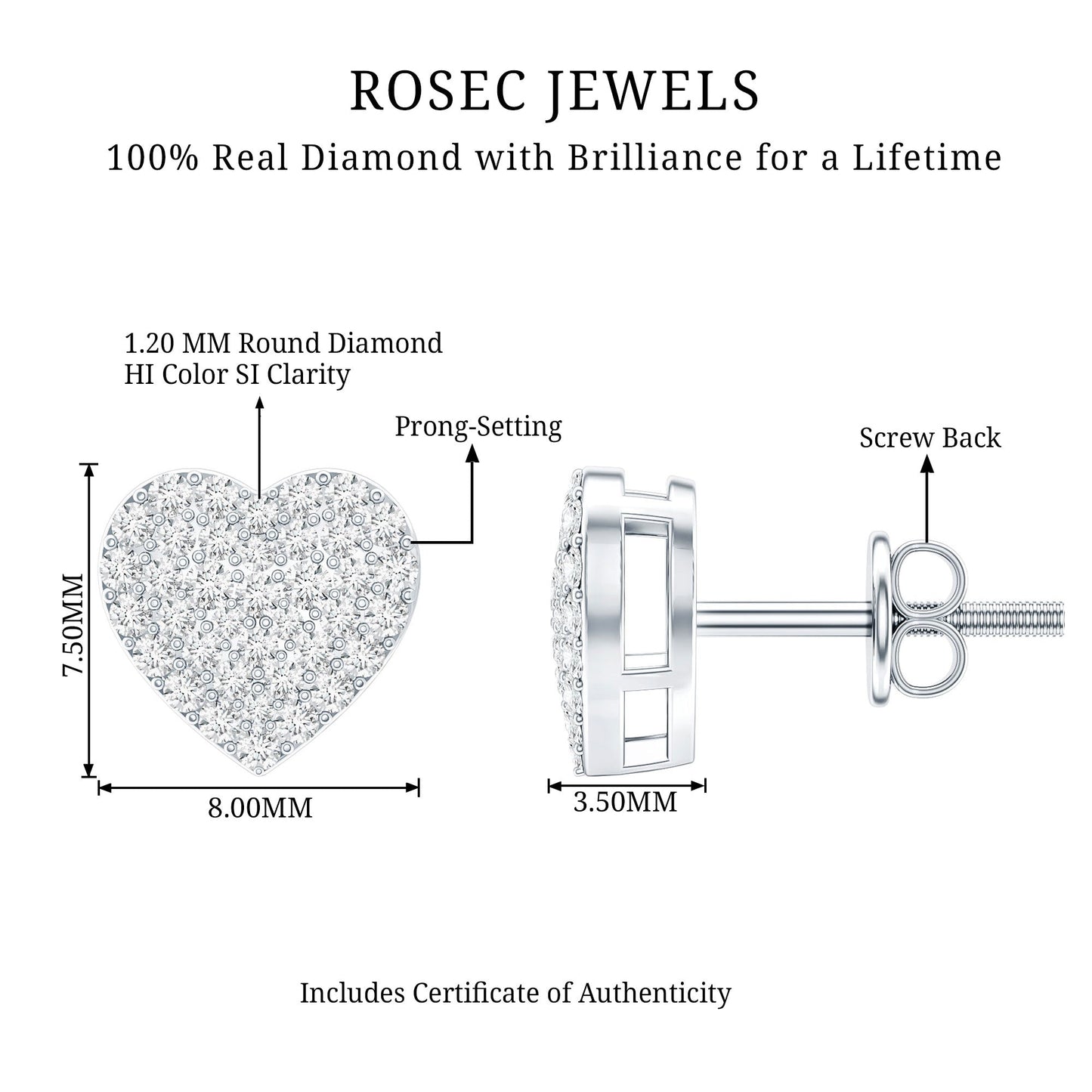 Natural Diamond Heart Earrings with Screw Back