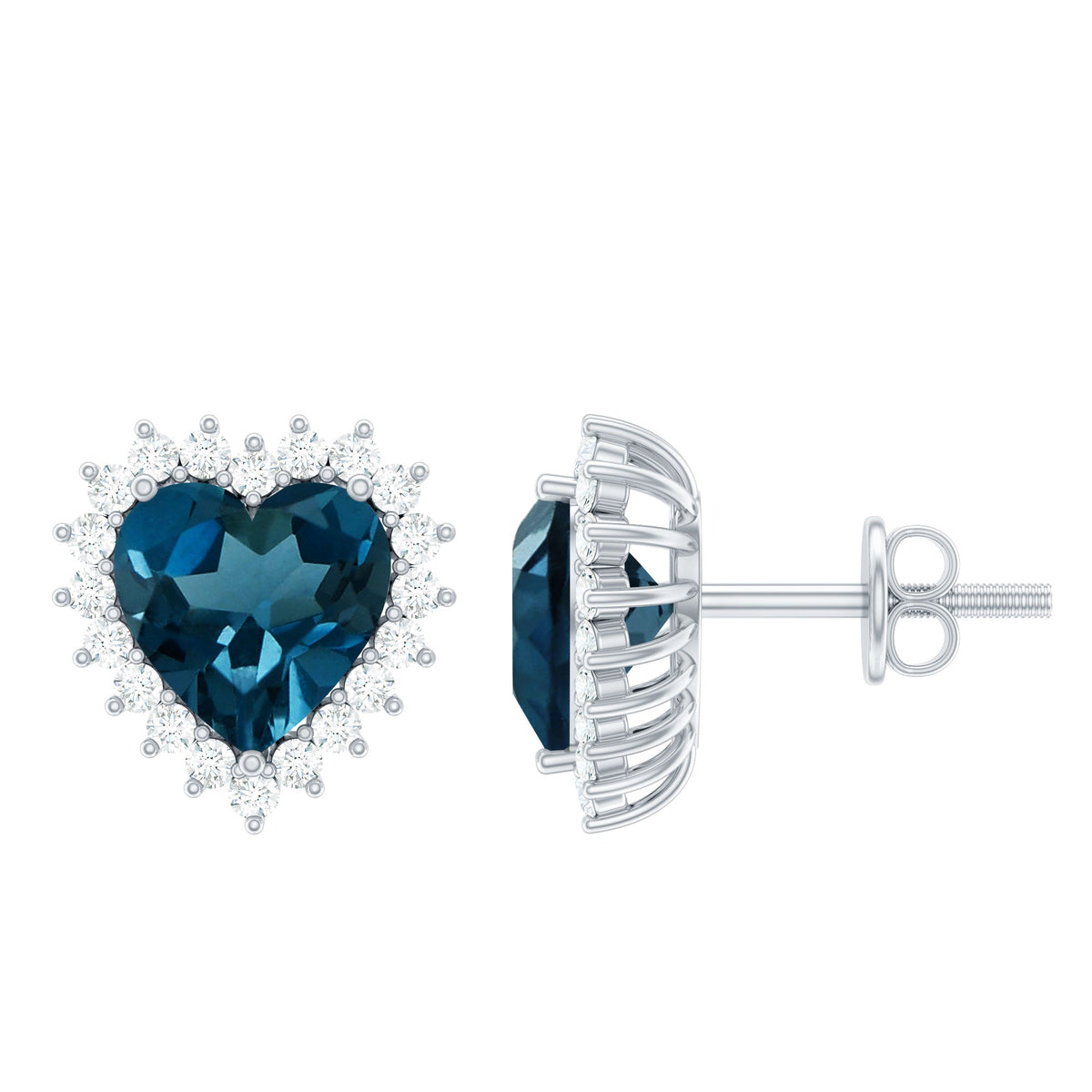 Heart Shape London Blue Topaz and Diamond Stud Earrings
