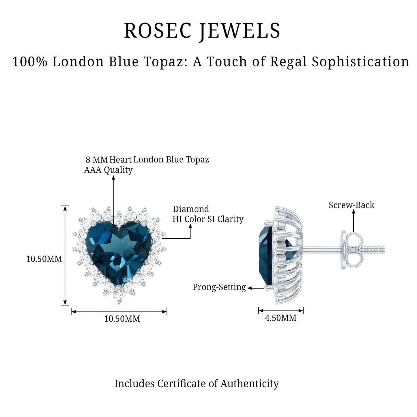 Heart Shape London Blue Topaz and Diamond Stud Earrings