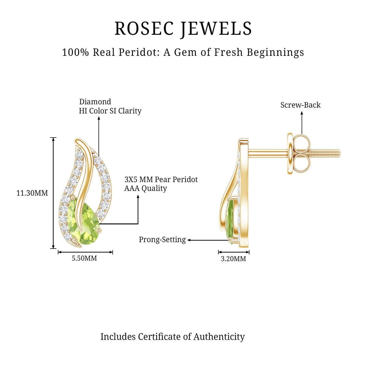 Pendientes de hoja de peridoto natural con diamante para mujer