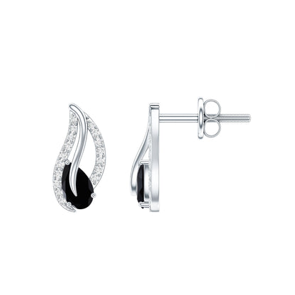 Genuine Pear Shape Black Onyx leaf Stud Earrings With Certificate