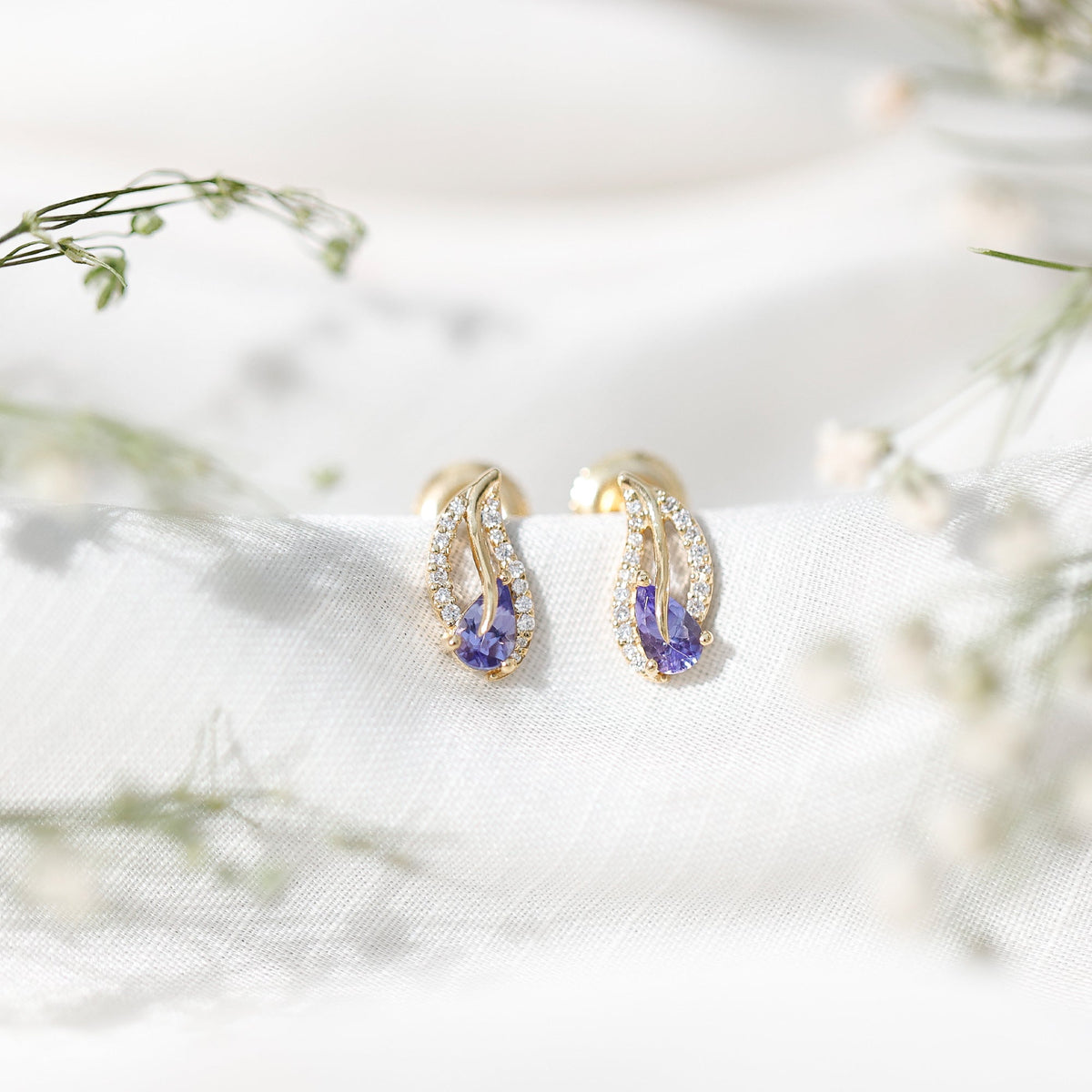 Pear Shape Tanzanite and Diamond Leaf Stud Earrings