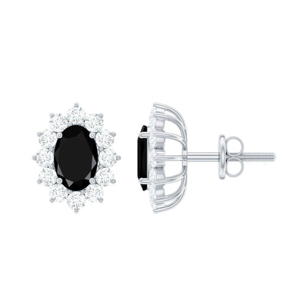 Certified Real Oval Black Onyx Stud Earrings with Diamond Halo