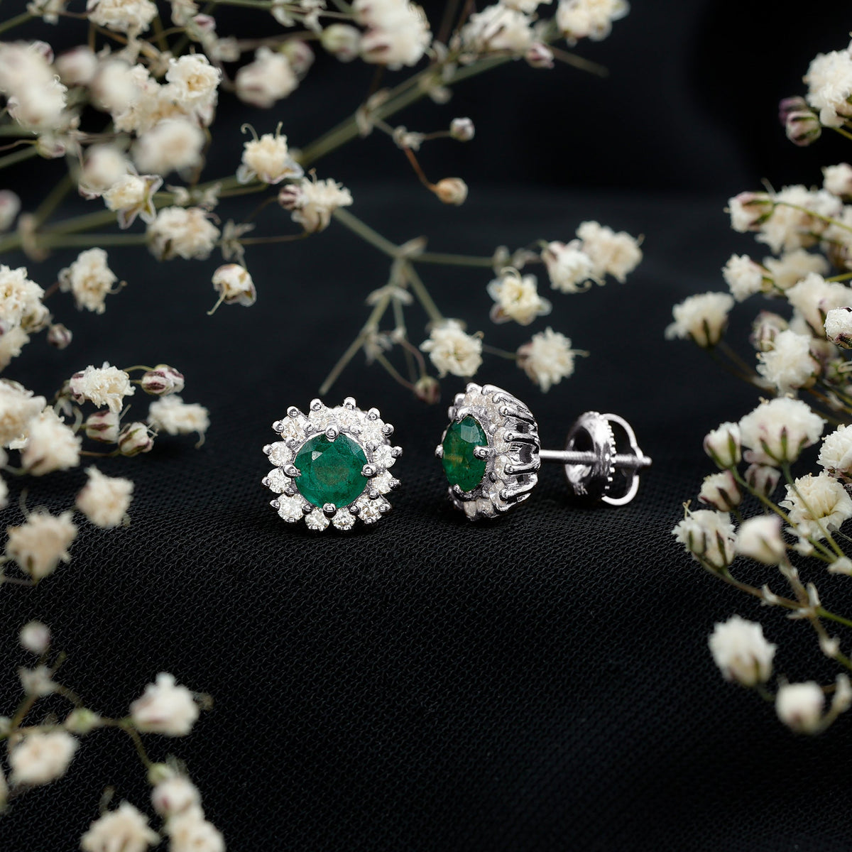Classic Emerald Stud Earrings with Diamond Halo