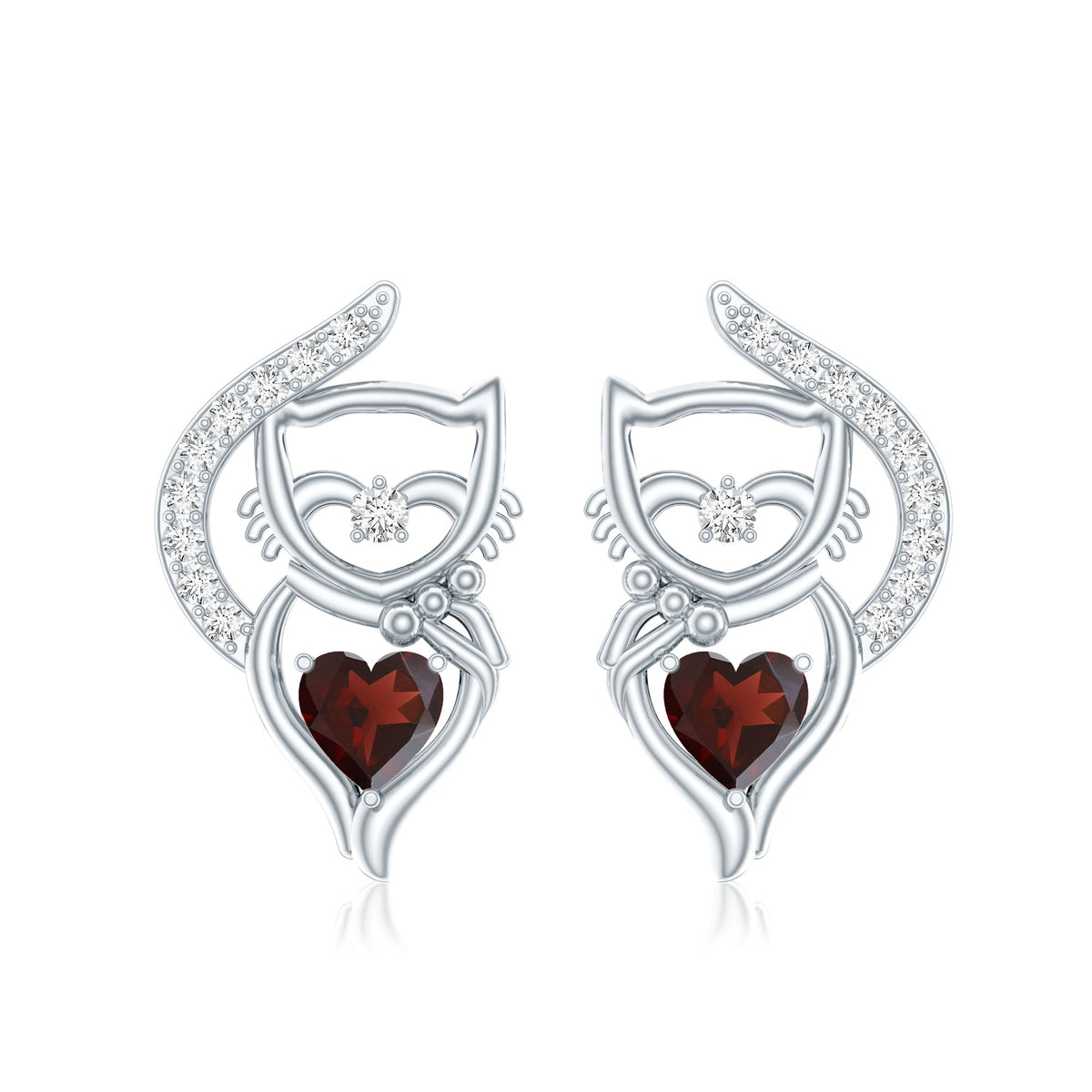 Heart Shape Garnet and Diamond Cat Stud Earrings