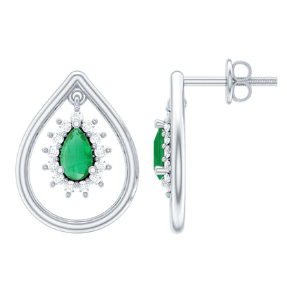 Real Emerald Teardrop Stud Earrings with Diamond Halo