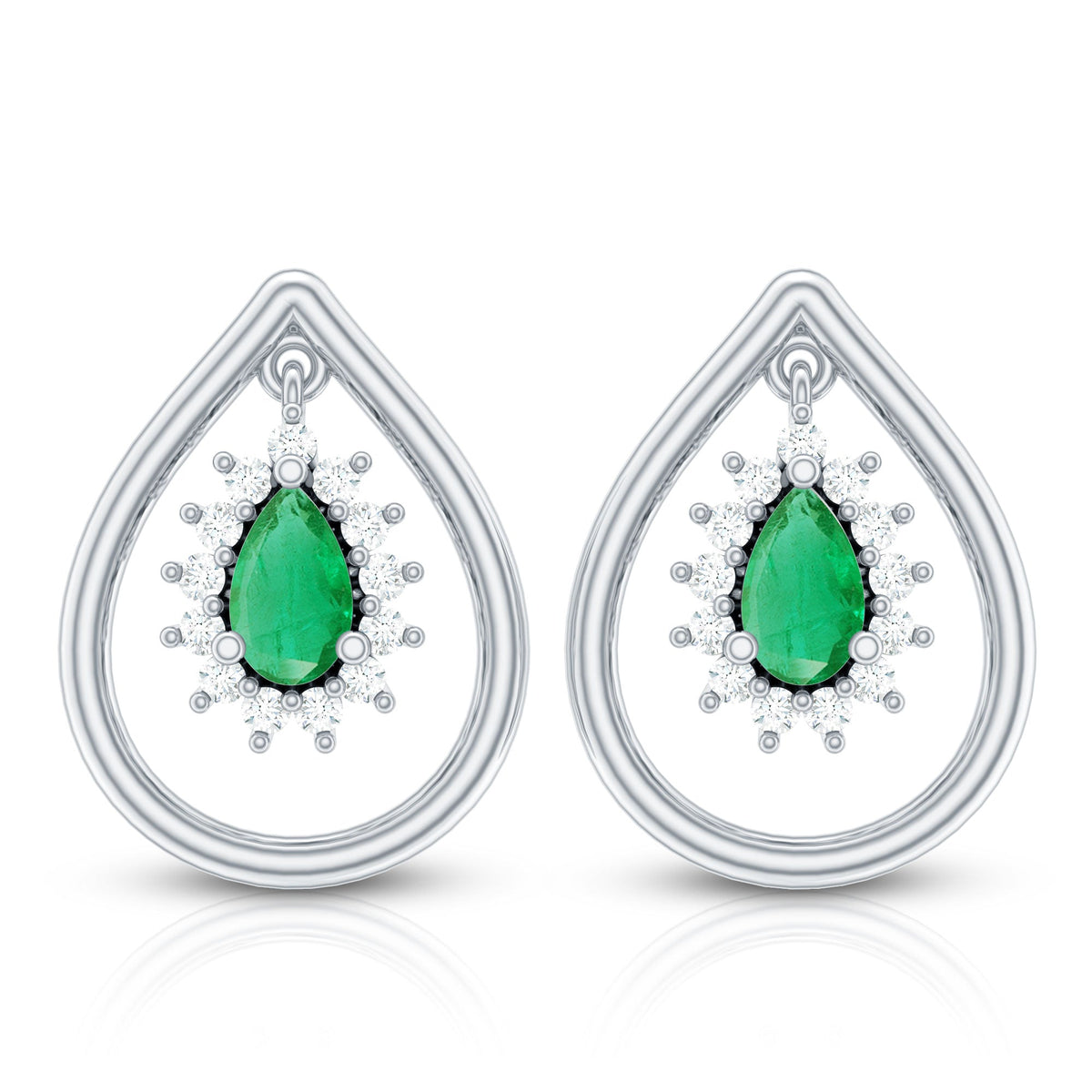 Real Emerald Teardrop Stud Earrings with Diamond Halo