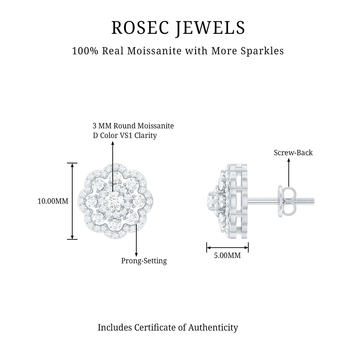 Certified Moissanite Big Flower Stud Earrings