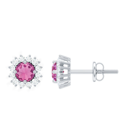 Pendientes de tuerca de turmalina rosa natural con halo de diamantes