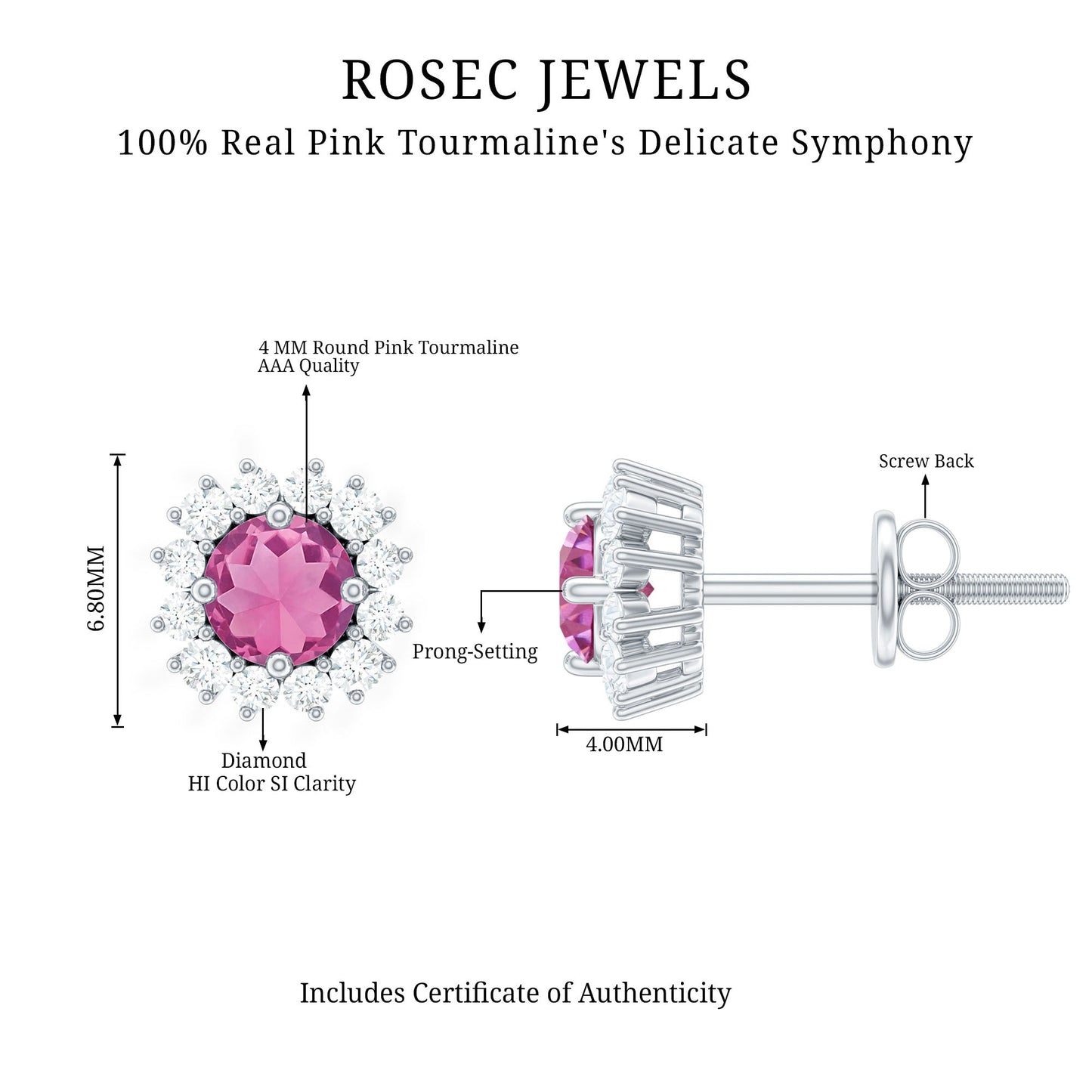 Pendientes de tuerca de turmalina rosa natural con halo de diamantes