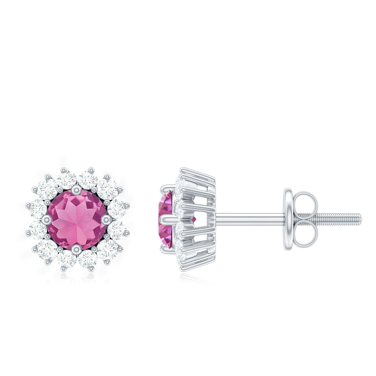 Pendientes de tuerca de turmalina rosa natural con halo de diamantes