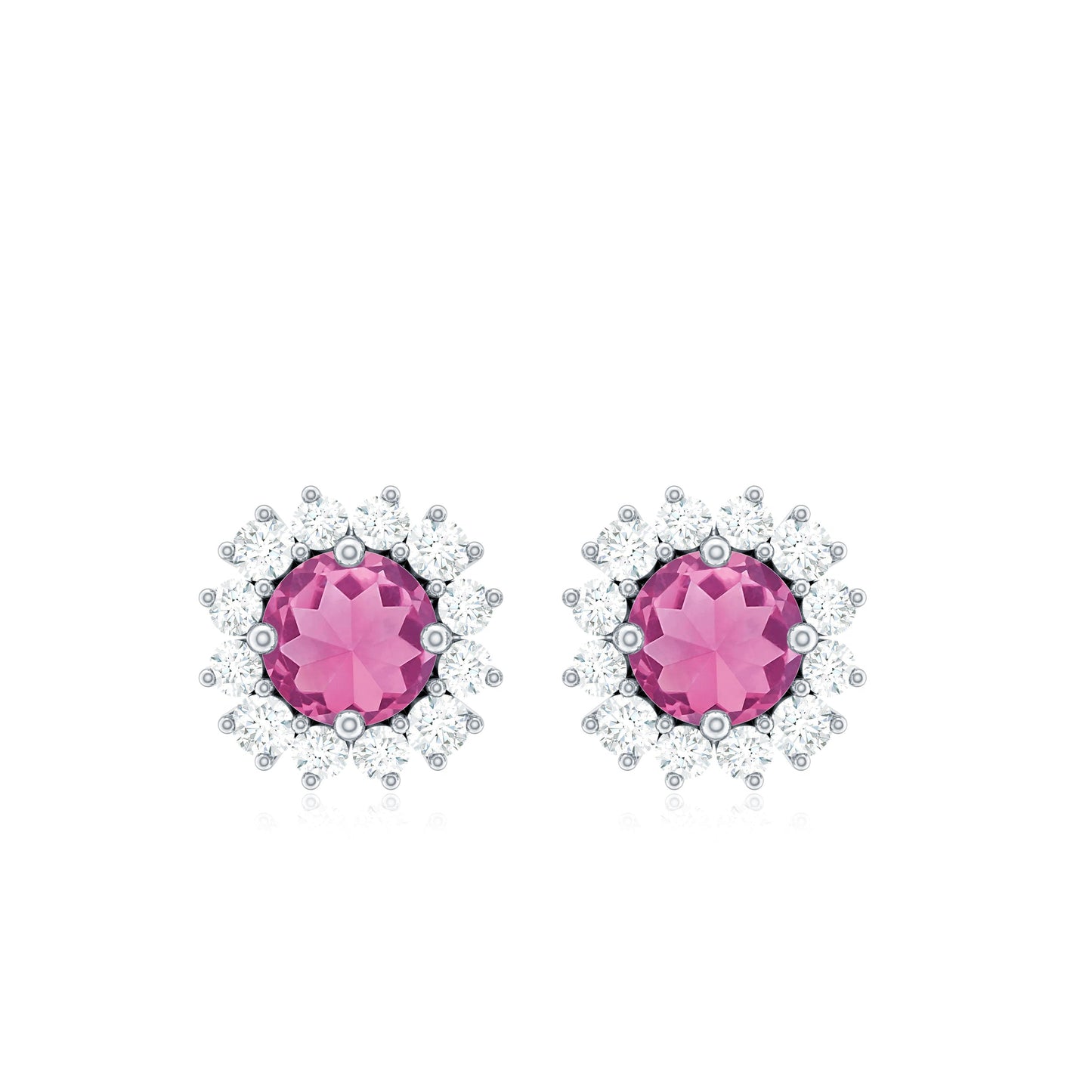 Pendientes de tuerca de turmalina rosa natural con halo de diamantes