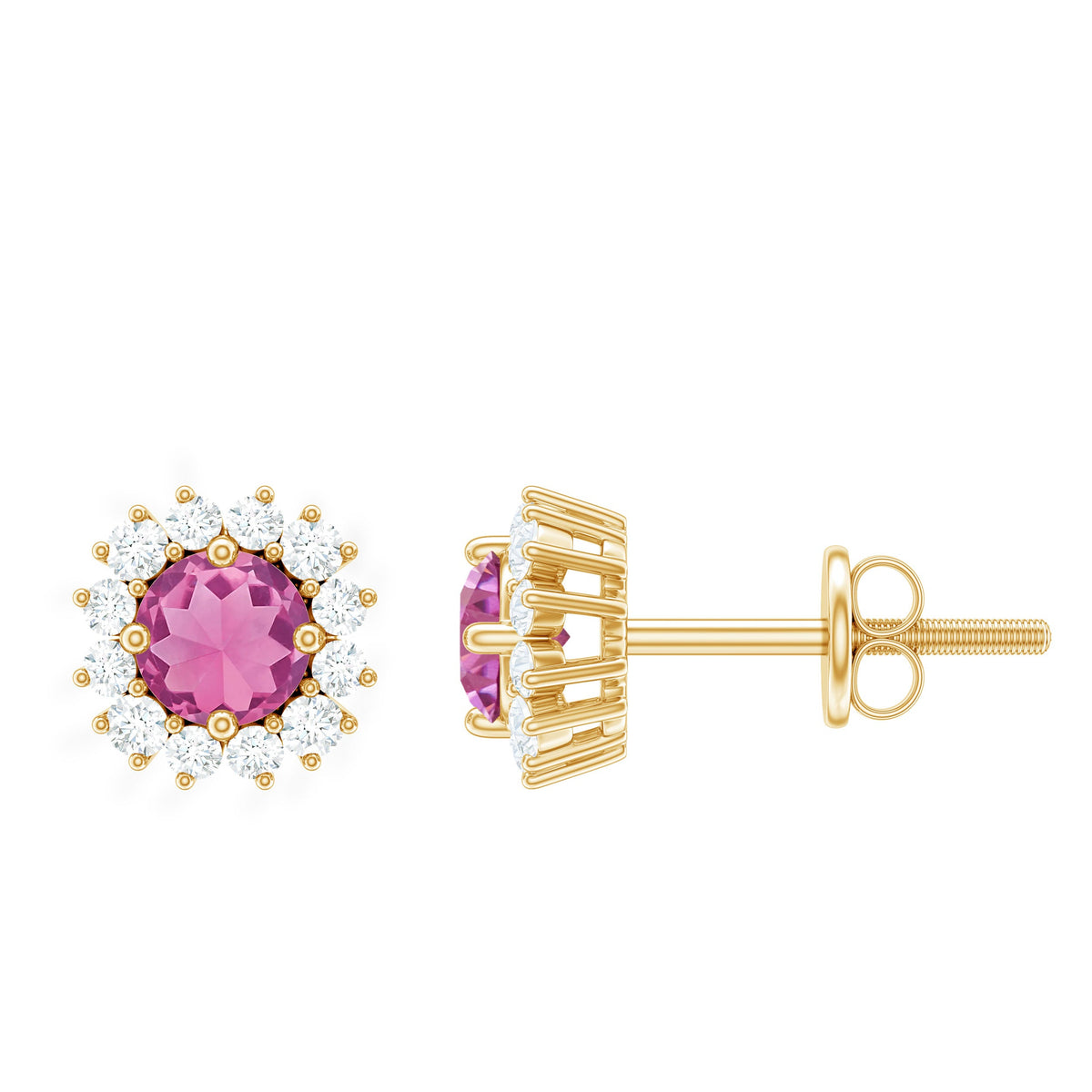 Pendientes de tuerca de turmalina rosa natural con halo de diamantes