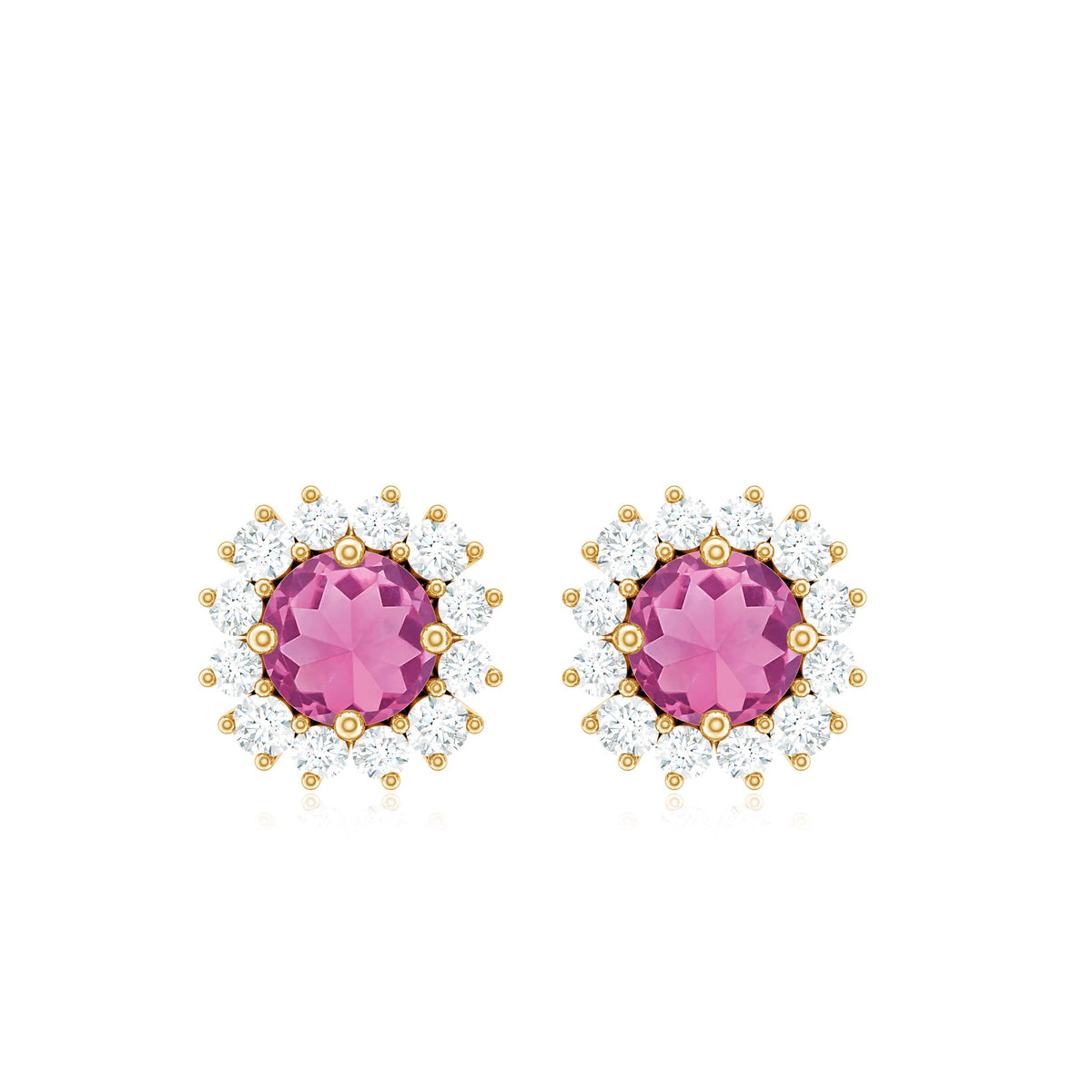 Pendientes de tuerca de turmalina rosa natural con halo de diamantes