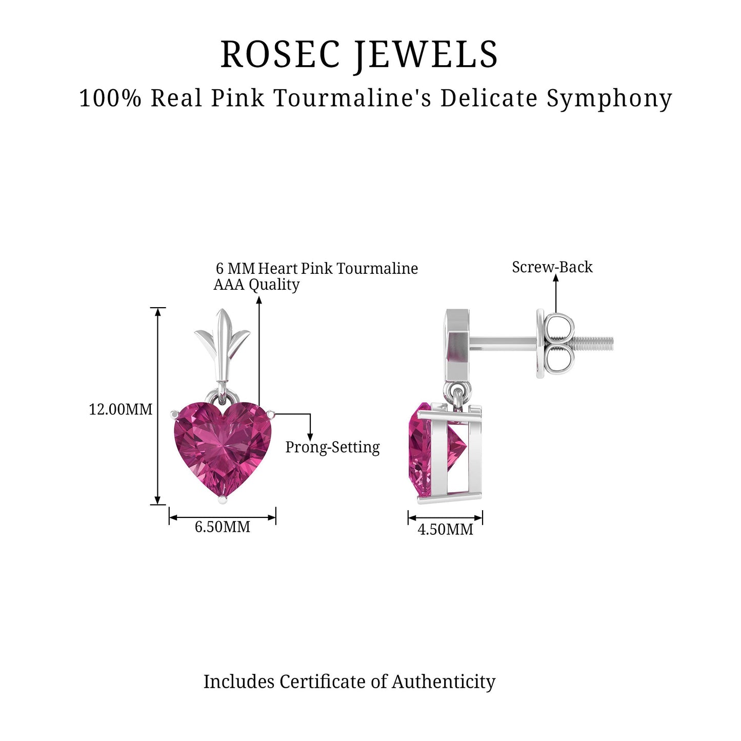 Aretes Colgantes de Turmalina Rosa en Forma de Corazón de 1.8 Quilates