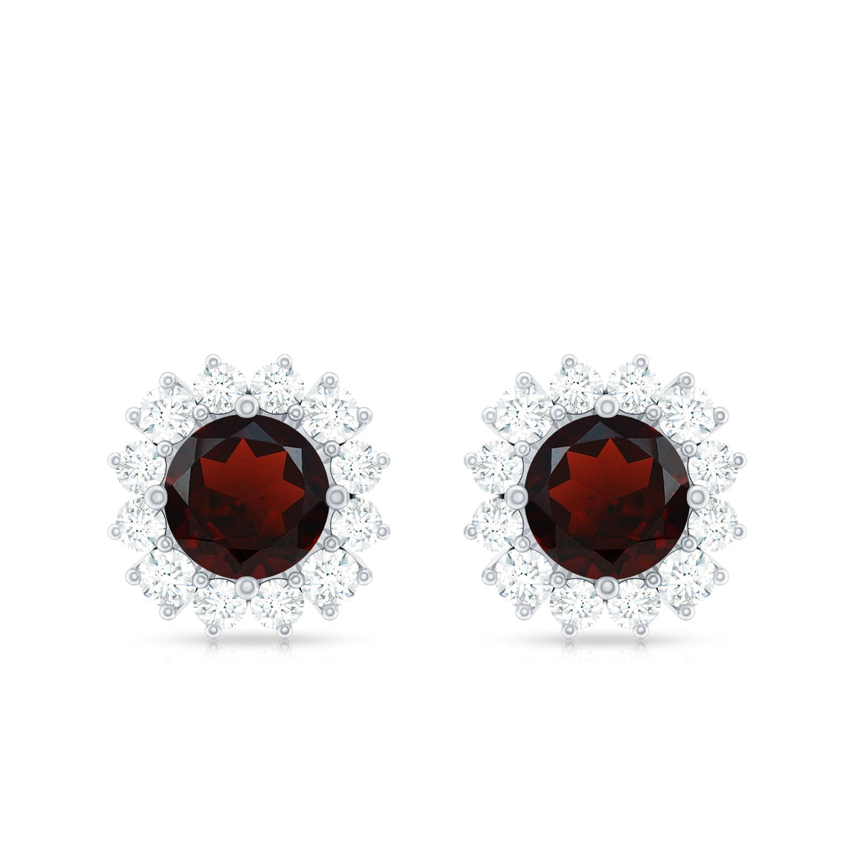 Genuine Garnet and Diamond Halo Stud Earrings