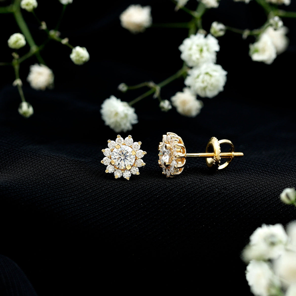 Certified Round Cut Moissanite Halo Stud Earrings for Women