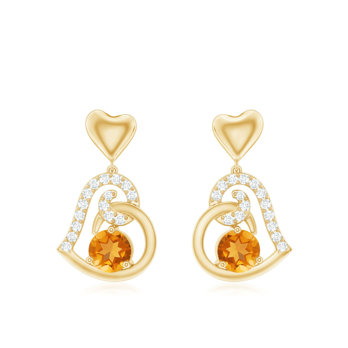 1 Carat Round Citrine and Diamond Heart Drop Earrings