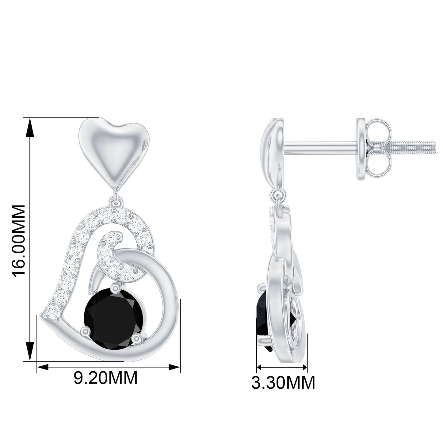 Pendiente de gota de corazón con espinela negra y acento de diamante
