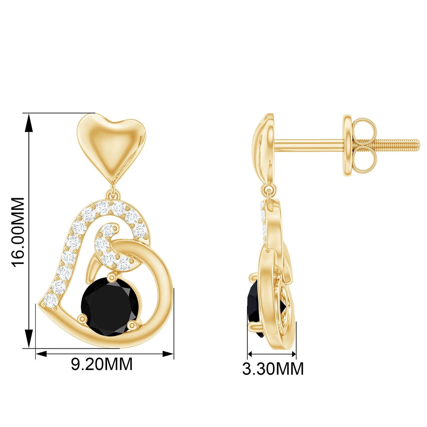Pendiente de gota de corazón con espinela negra y acento de diamante