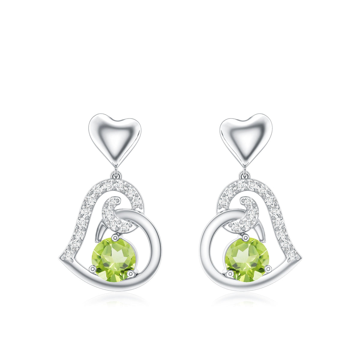 Solitaire Peridot Heart Drop Earrings with Diamond Accent