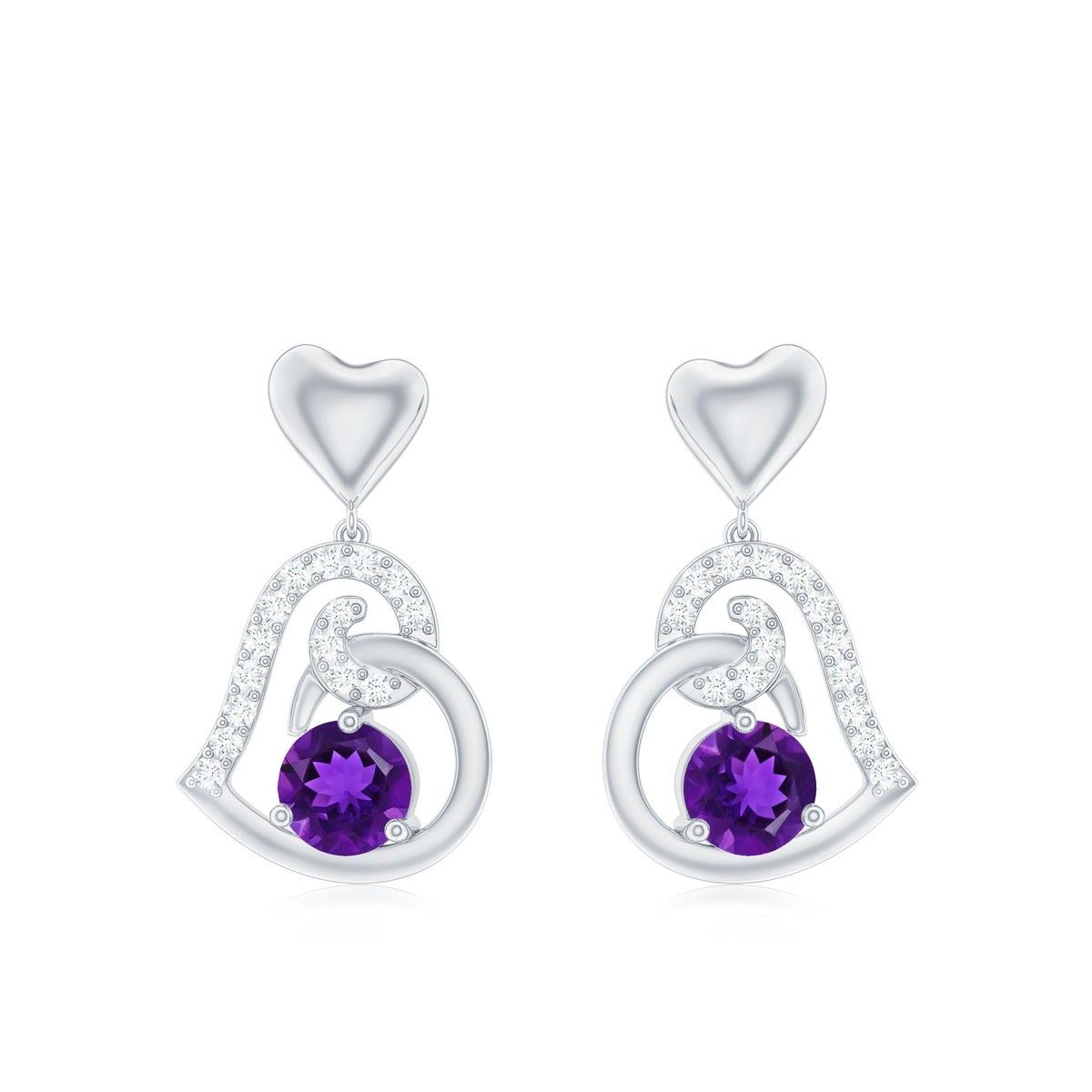 Natural Amethyst Diamond Heart Drop Earrings