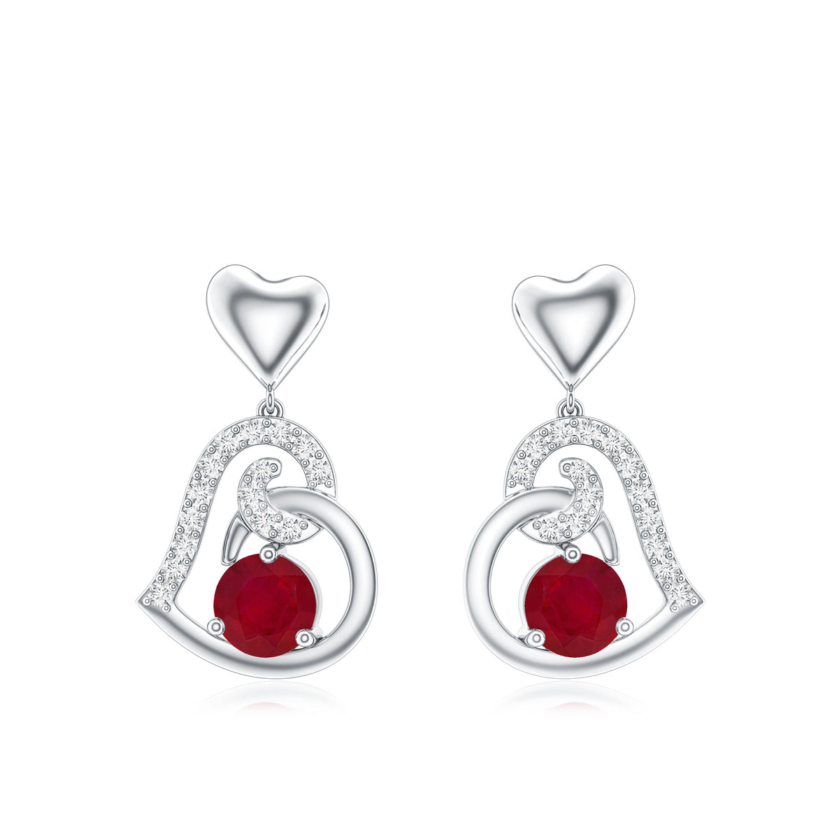 Round Ruby Heart Drop Earring with Diamond Accent