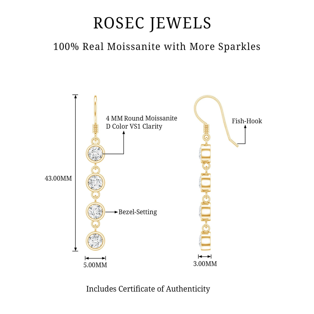 Bezel Set Round Moissanite Simple Dangle Earrings