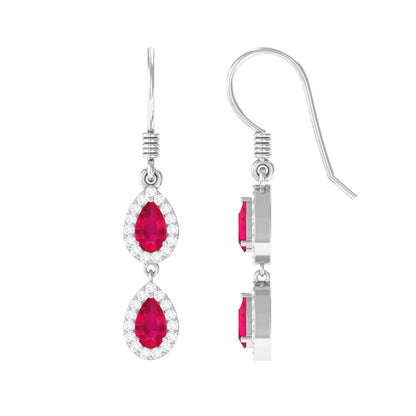 Real Pear Shape Ruby Dangle Earrings with Diamond