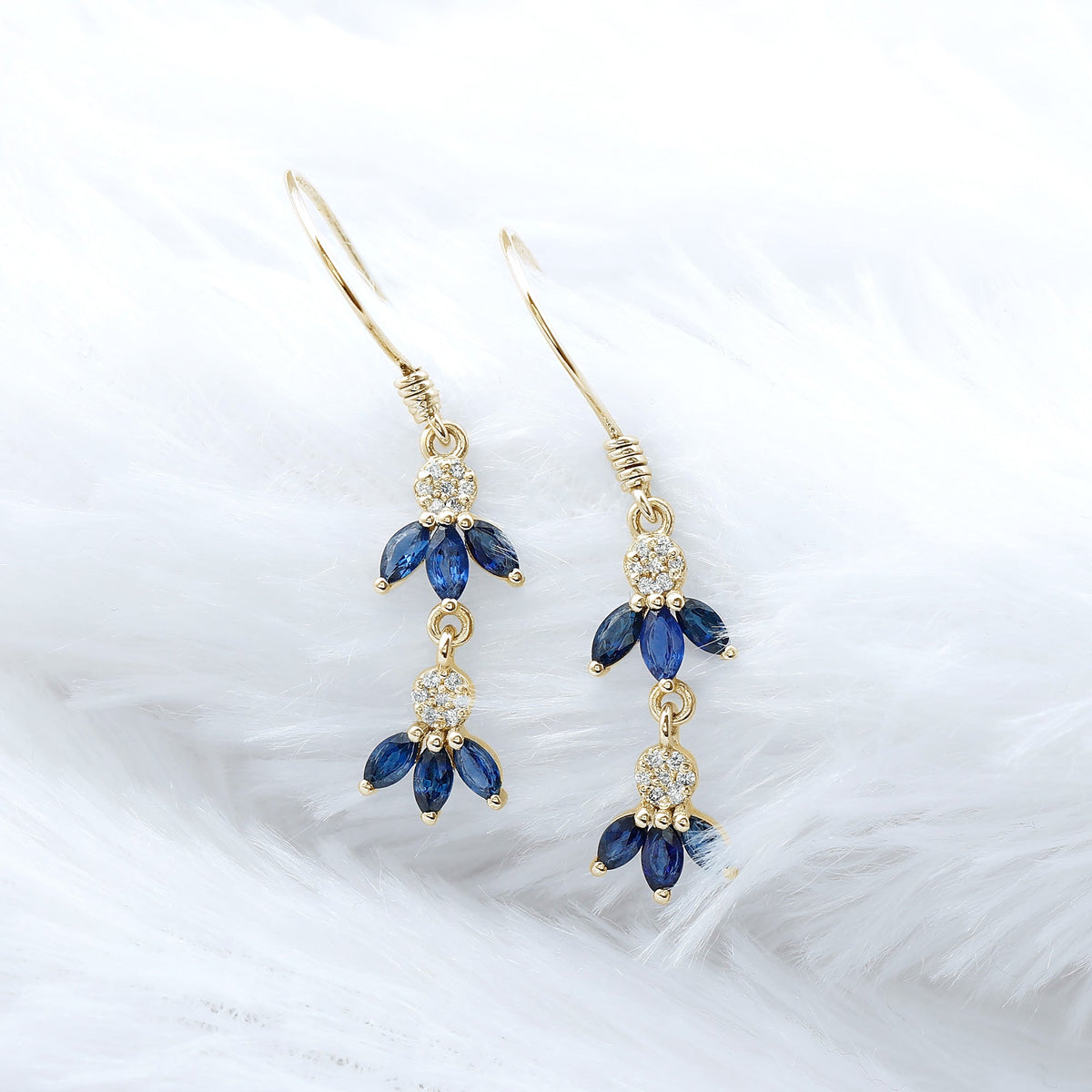 Natural Blue Sapphire and Diamond Leaf Dangle Earrings