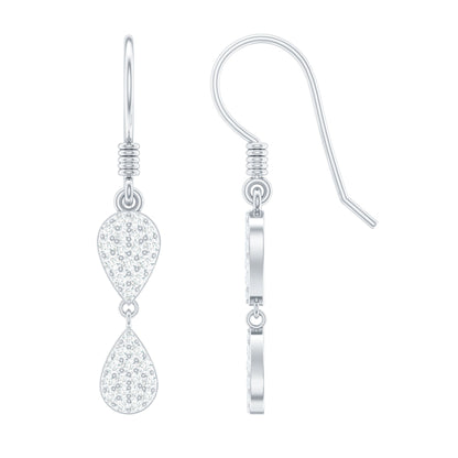Pave Set Genuine Diamond Teardrop Dangle Earrings with Fish Hook