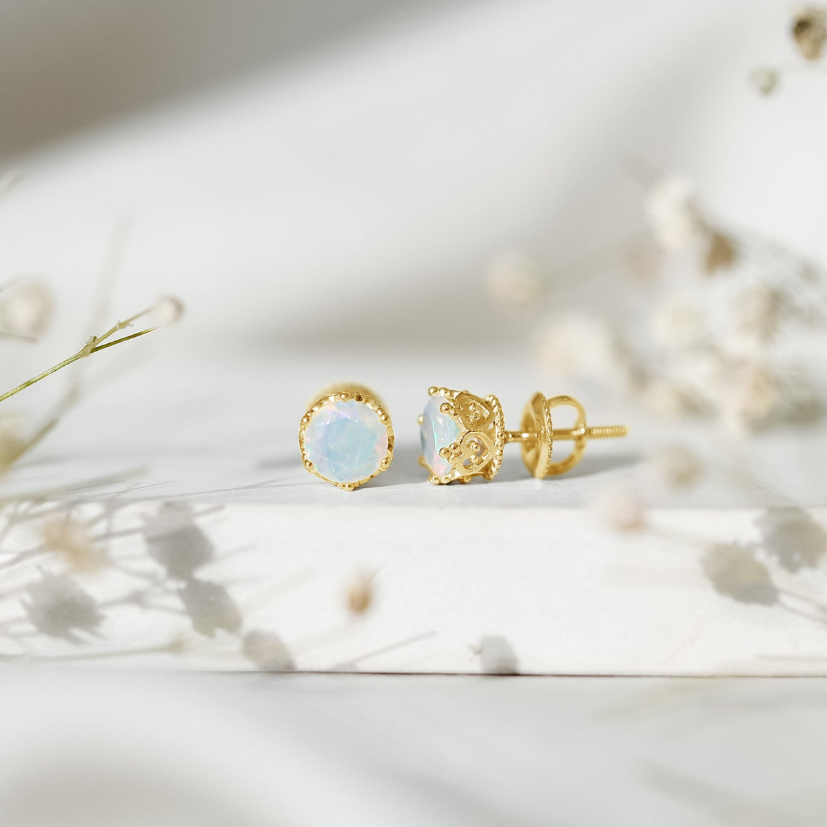 Natural Ethiopian Opal Crown Stud Earrings with Screw Back