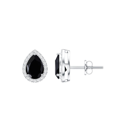 Natural 1.2 Carat Pear Shape Black Spinel Earrings with Diamond Halo
