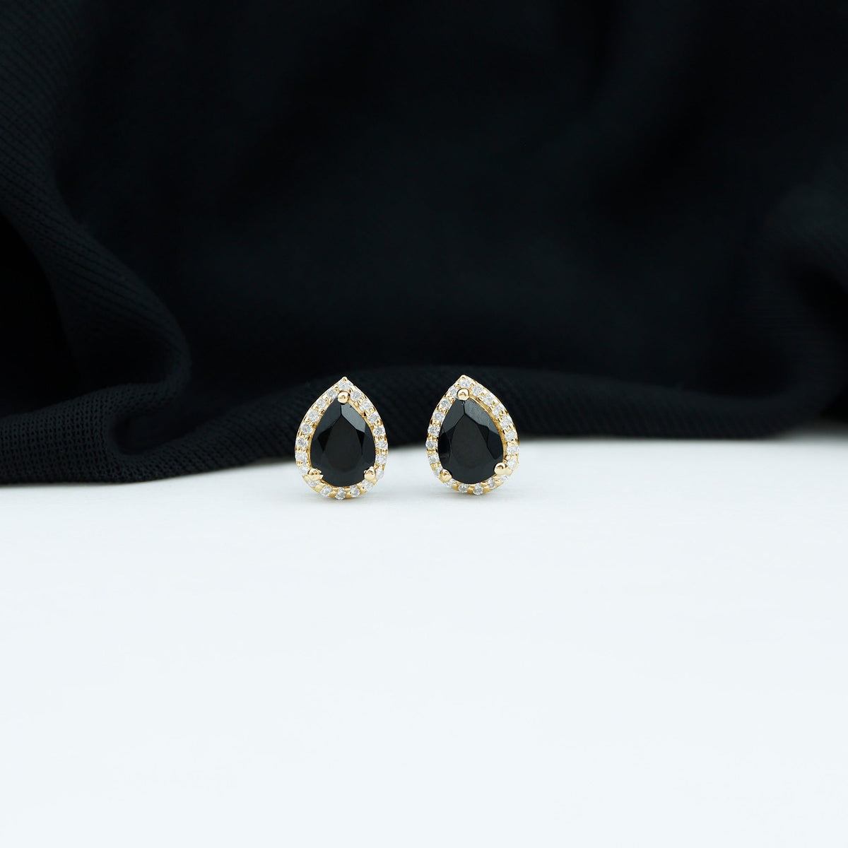Natural 1.2 Carat Pear Shape Black Spinel Earrings with Diamond Halo