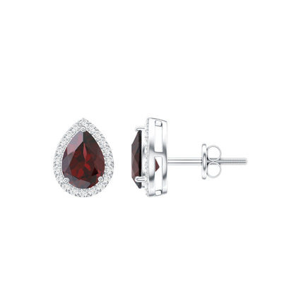 Natural 1.7 Carat Garnet Teardrop Stud Earrings with Diamond Halo