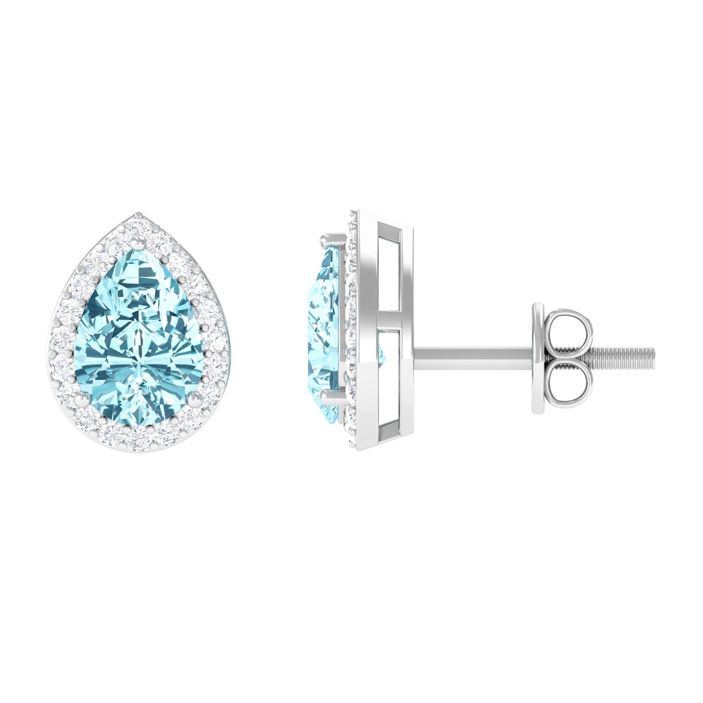 Pendientes de tuerca de aguamarina natural en forma de pera con halo de diamantes