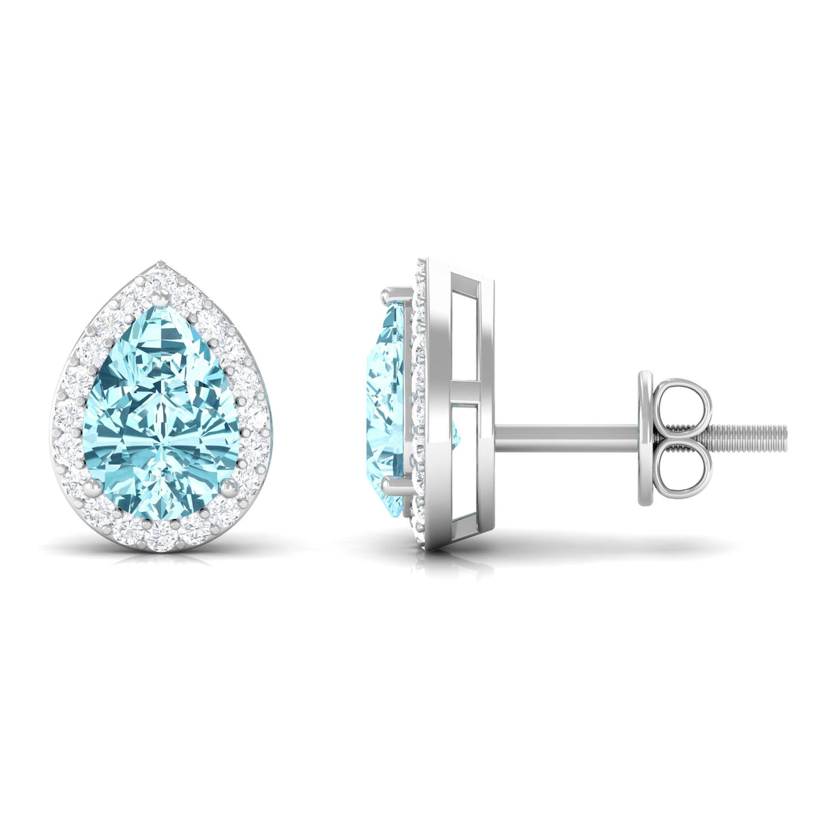 Pendientes de tuerca de aguamarina natural en forma de pera con halo de diamantes