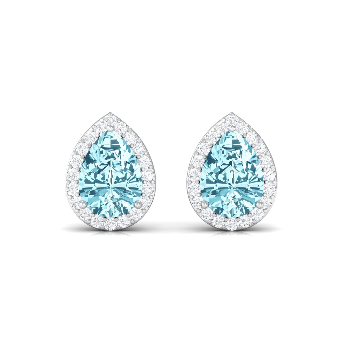 Pendientes de tuerca de aguamarina natural en forma de pera con halo de diamantes