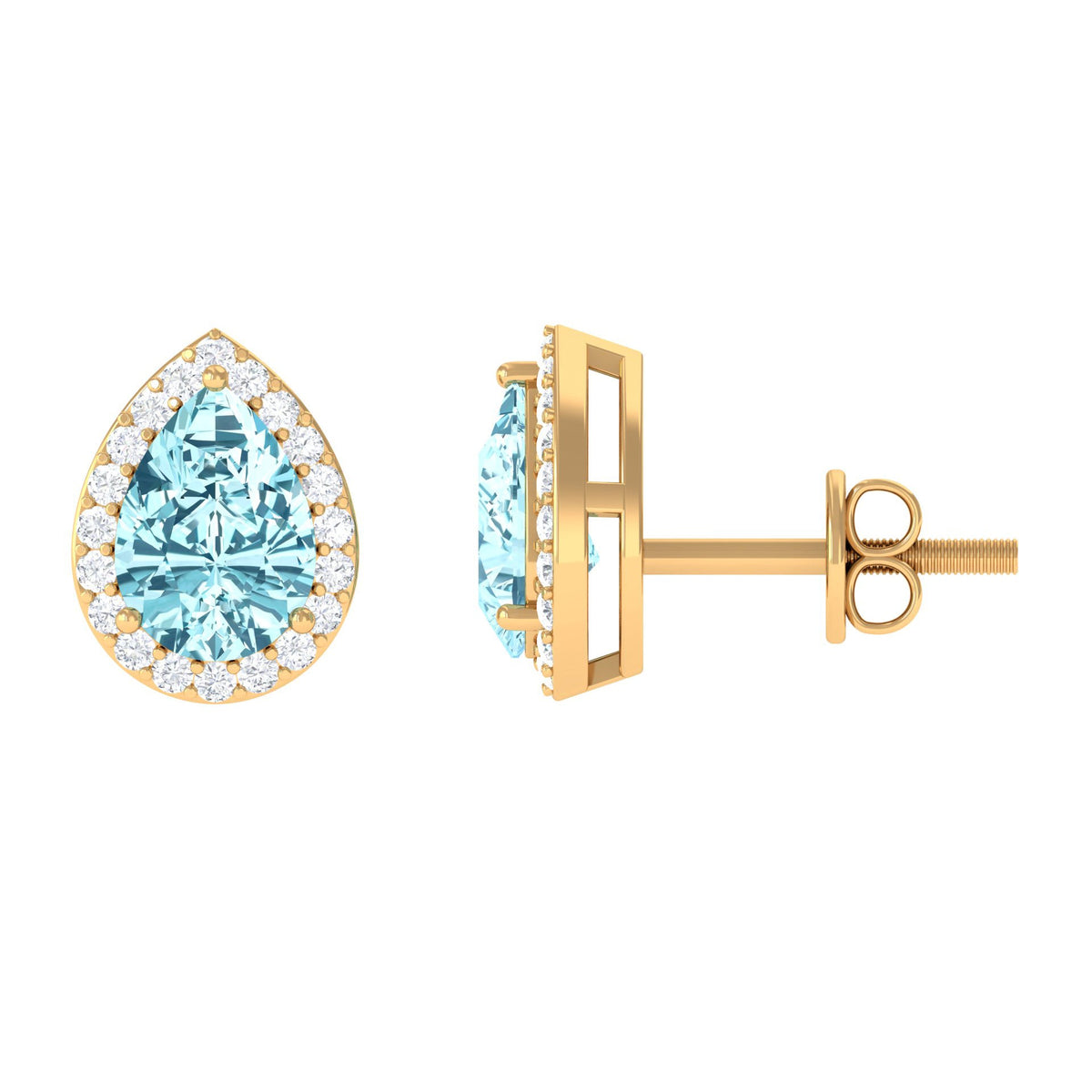 Pendientes de tuerca de aguamarina natural en forma de pera con halo de diamantes