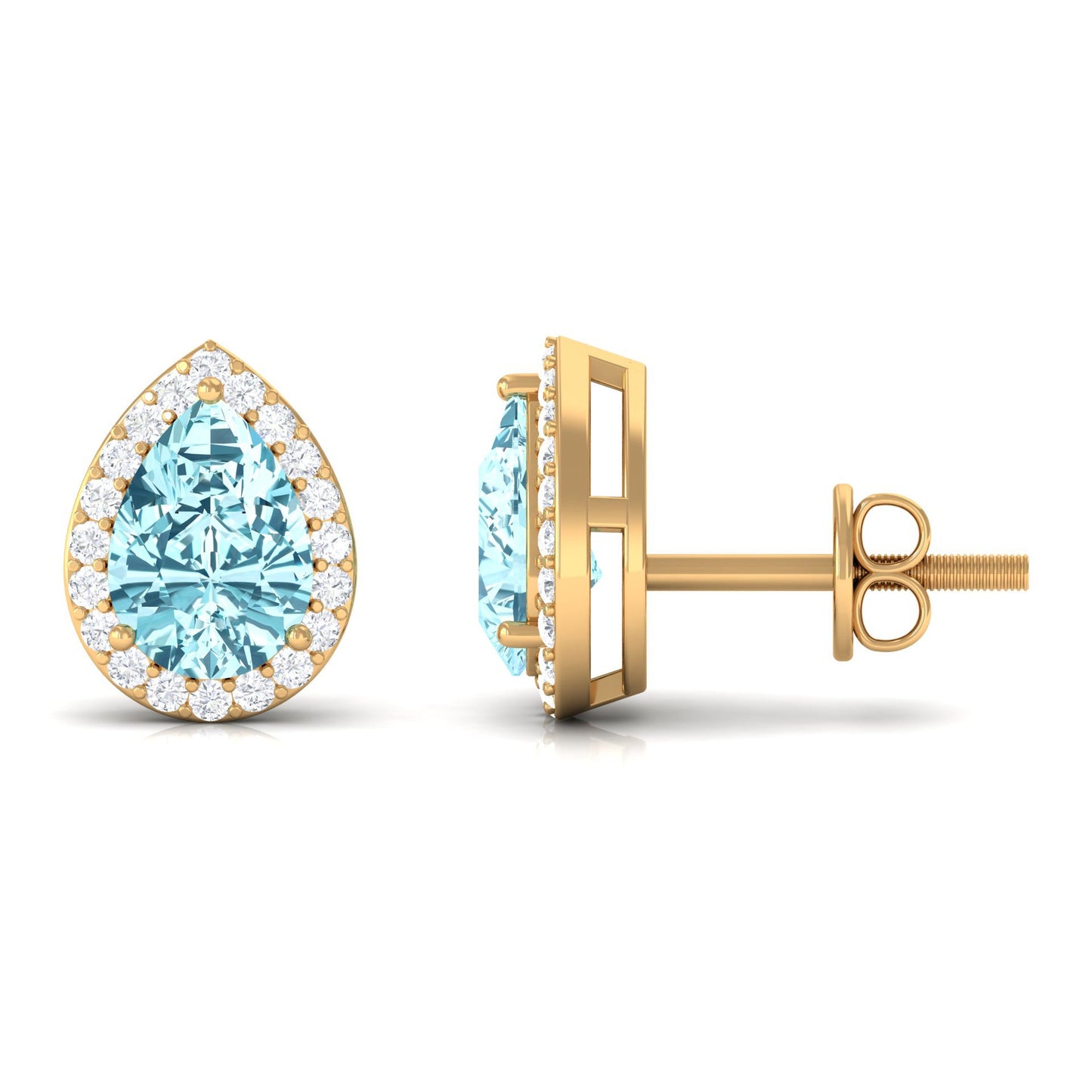 Pendientes de tuerca de aguamarina natural en forma de pera con halo de diamantes