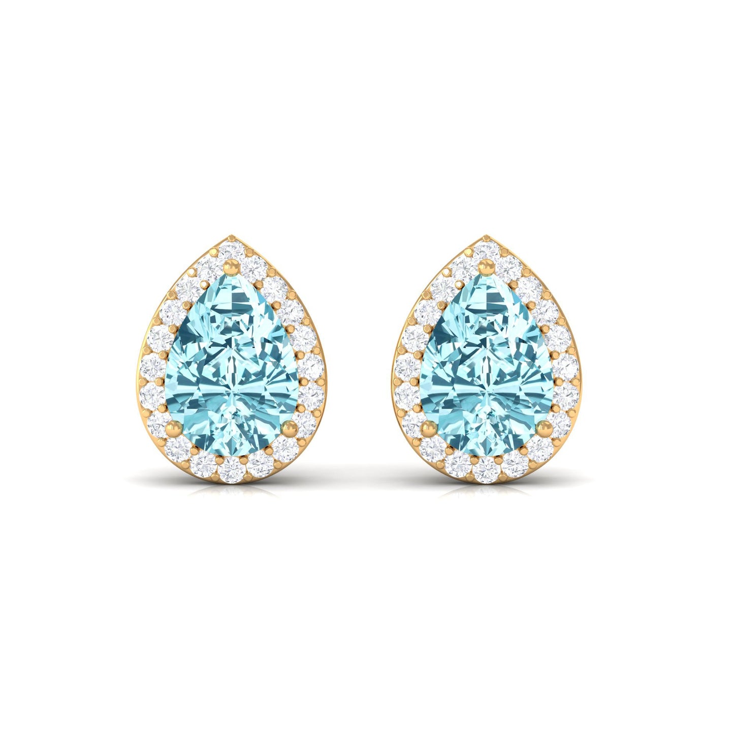 Pendientes de tuerca de aguamarina natural en forma de pera con halo de diamantes