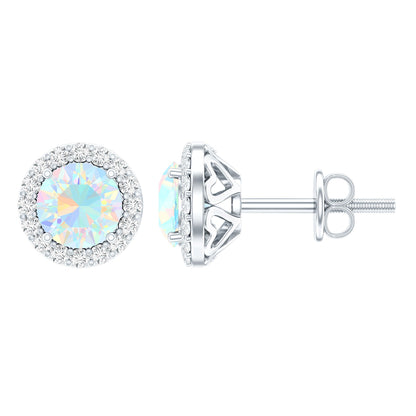 Natural Ethiopian Opal and Moissanite Halo Stud Earrings