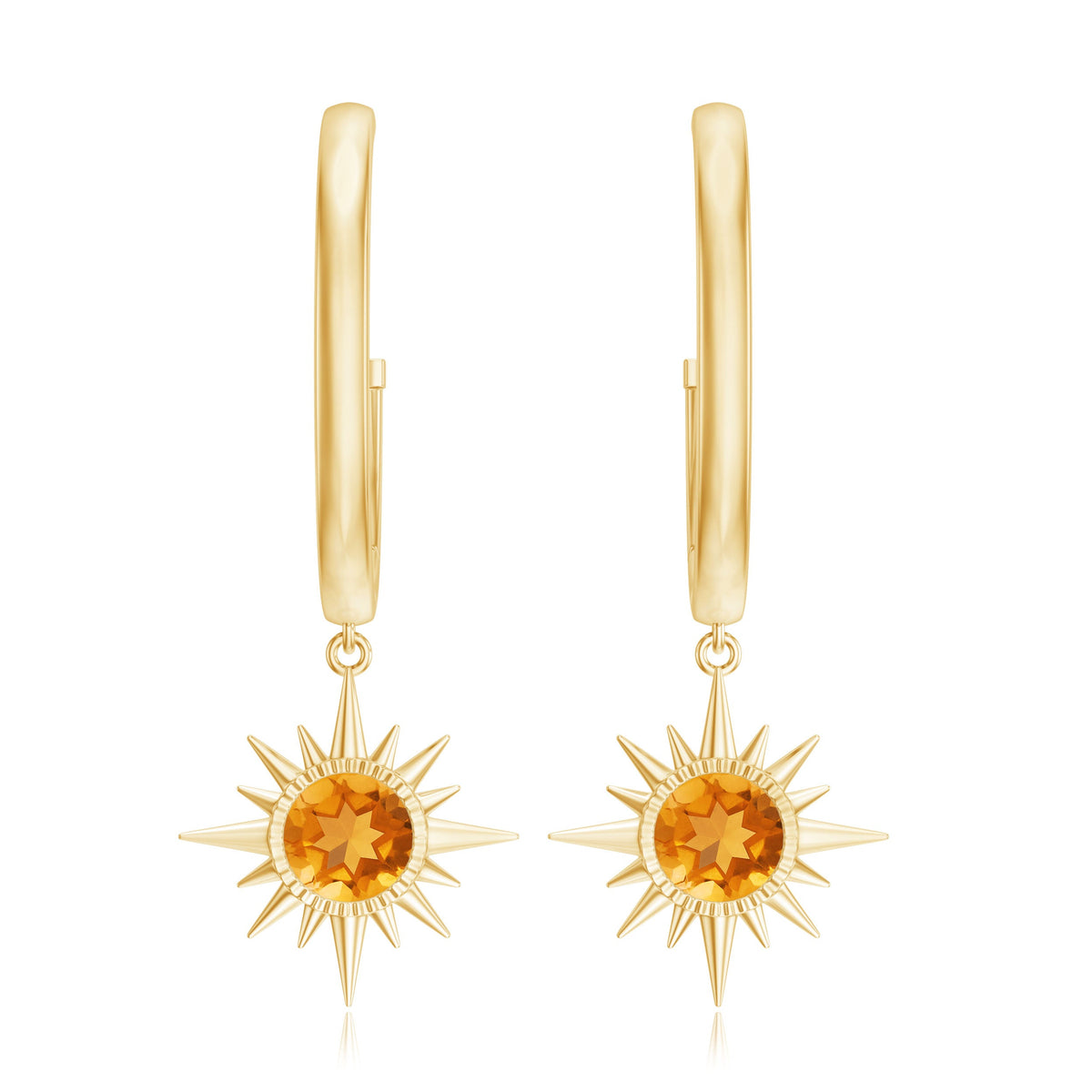 Natural Citrine Sunburst Drop Hoop Earrings