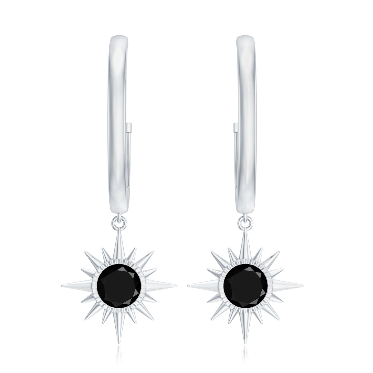Natural Black Spinel Sunburst Drop Hoop Earrings