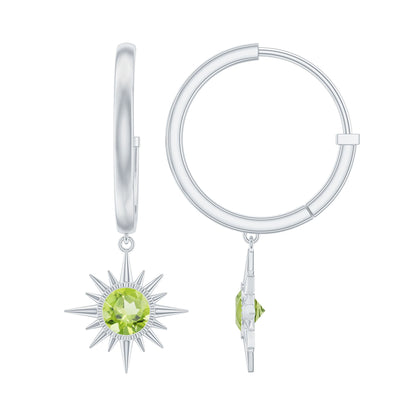 Round Shape 1 Carat Peridot Sunburst Hoop Drop Earrings For Women