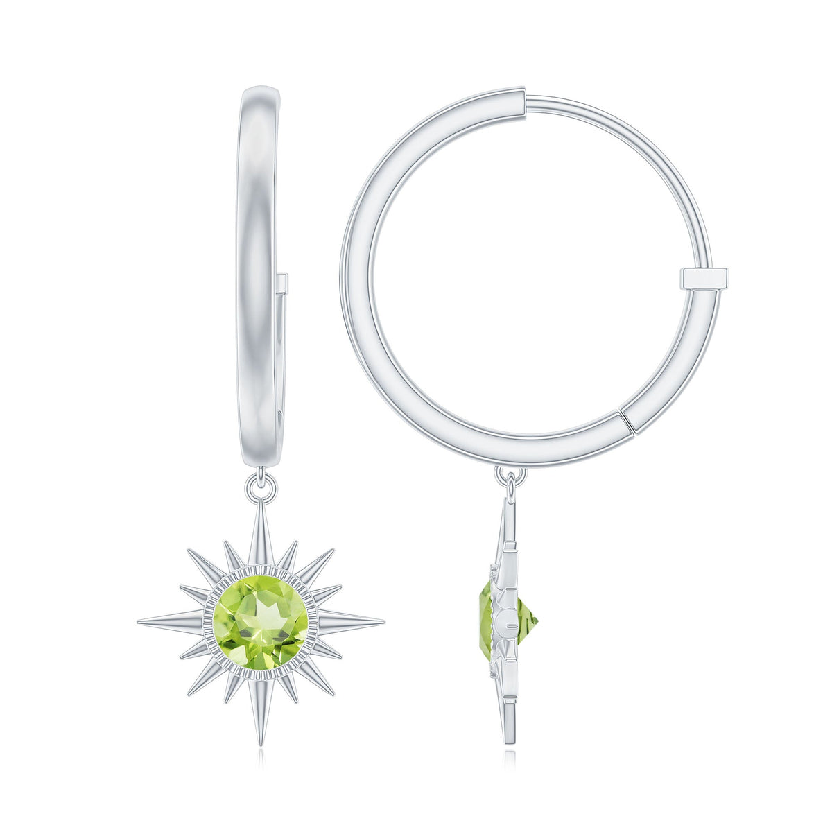 Round Shape 1 Carat Peridot Sunburst Hoop Drop Earrings For Women
